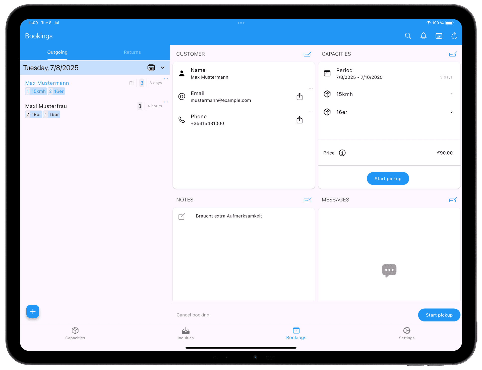 Screenshot (tablet): booking