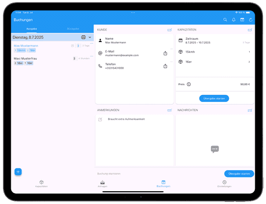 Screenshot (tablet): Buchung