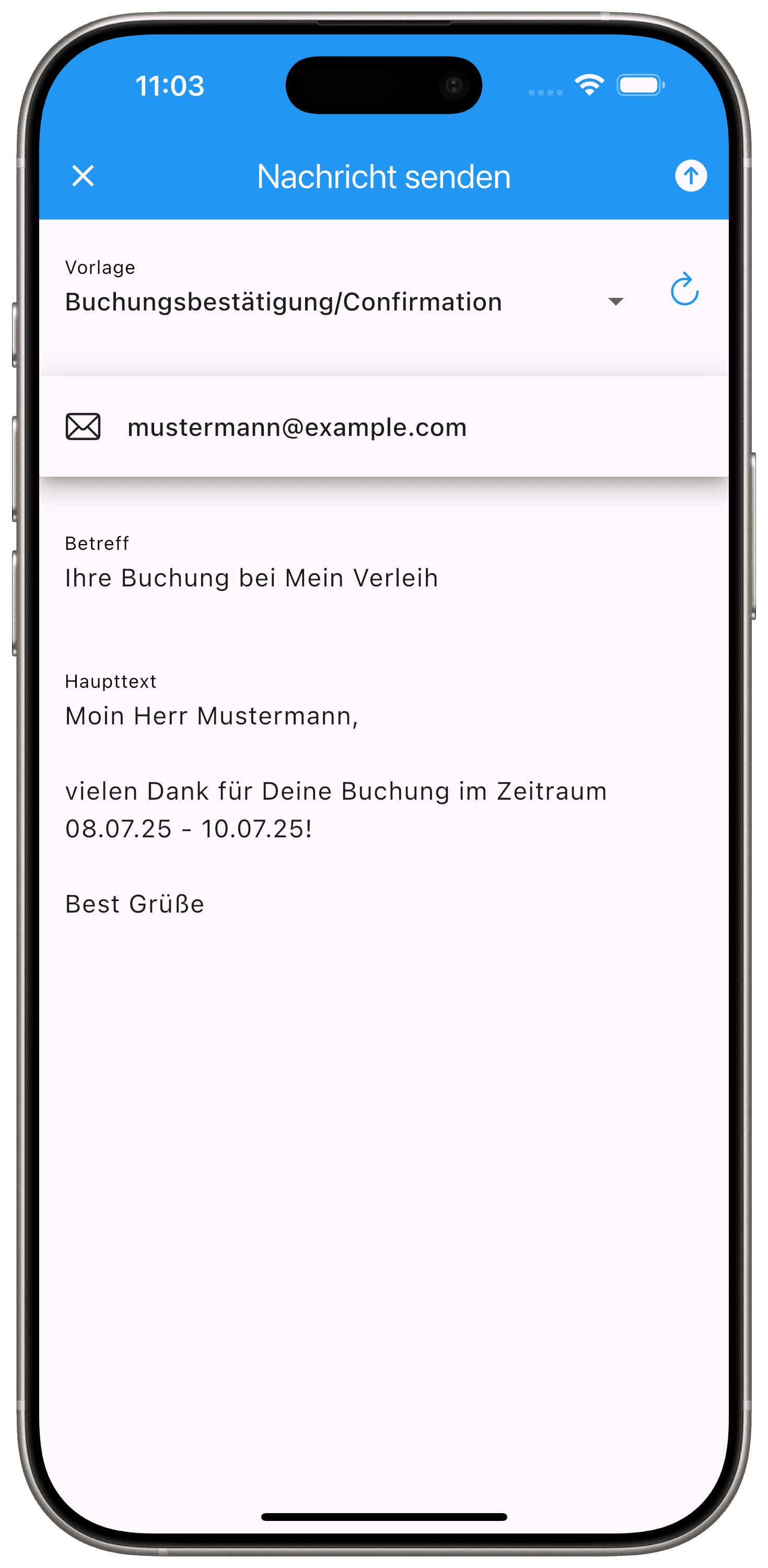 Ansicht einer Beispielnachricht, die bei einer Buchungsbestätigung versendet werden kann